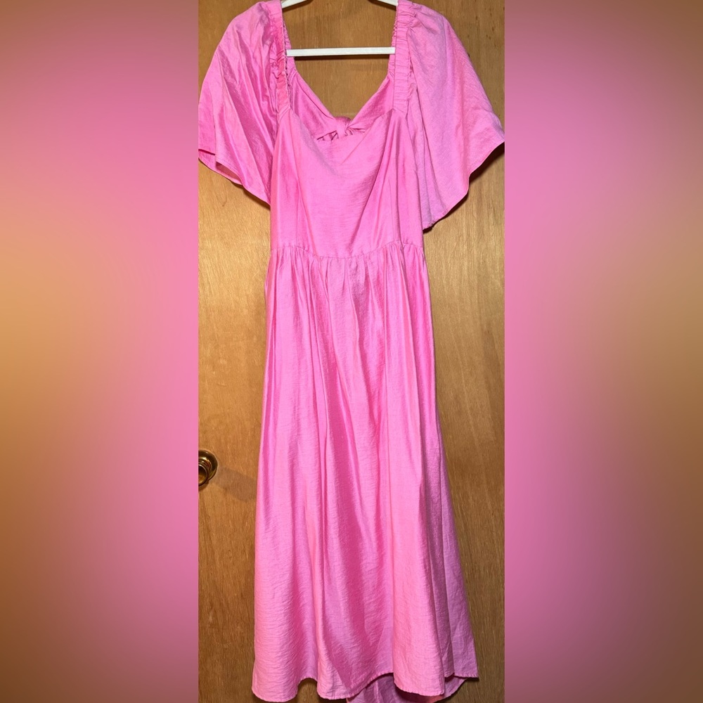 Pink flutter sleeve midi dress with a cutout back and tie bow size XXL